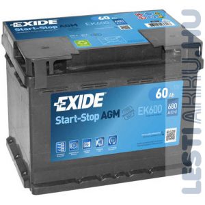EXIDE Start Stop AGM Autó Akkumulátor 12V 60Ah 680A Jobb+ (EK600)