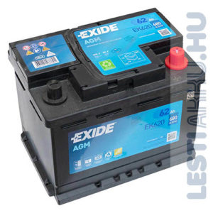 EXIDE Start Stop AGM Autó Akkumulátor 12V 62Ah 680A Jobb+ (EK620)