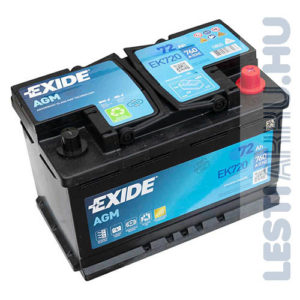 EXIDE Start Stop AGM Autó Akkumulátor 12V 72Ah 760A Jobb+ (EK720)